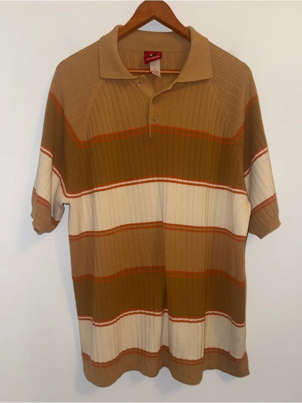 Vintage Y2K Reverb Ribbed Knit Polo Shirt Tan Brown Orange Striped XL